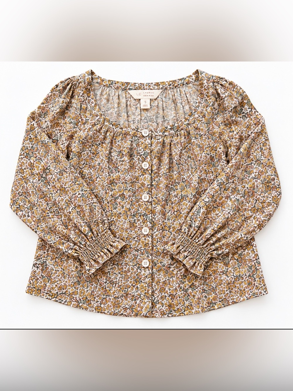 LC Lauren Conrad Floral Smocked Cuff Blouse Size Small | Like New